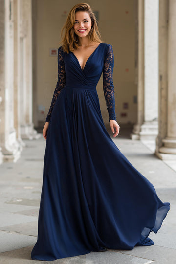 Robe longue mère de la mariée en mousseline de soie à col en V bleu marine avec dentelle